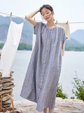 Women Summer Vintage Drawstring Pleat Yarn-dyed Linen Dress