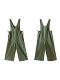 Women Summer Solid Drawstring Pocket V-Neck Linen Jumpsuits