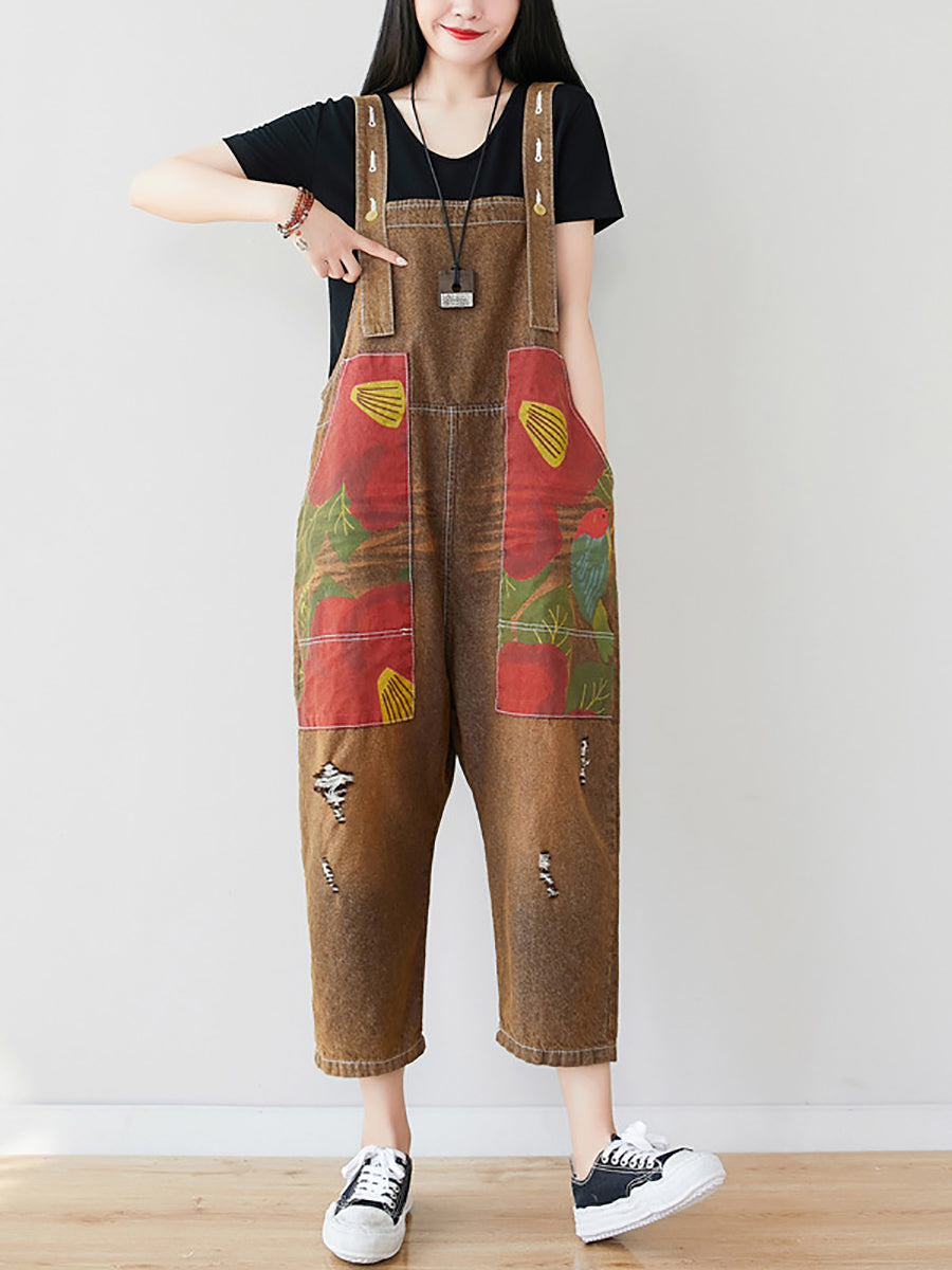 Women Summer Artsy Flower Patch Spliced Pocket Denim Jumpsuits