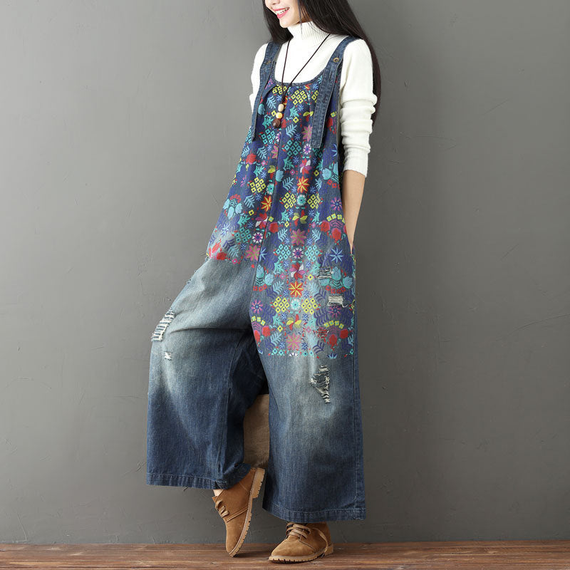 Women Vintage Floral Frayed Pocket Straight-leg Denim Jumpsuits
