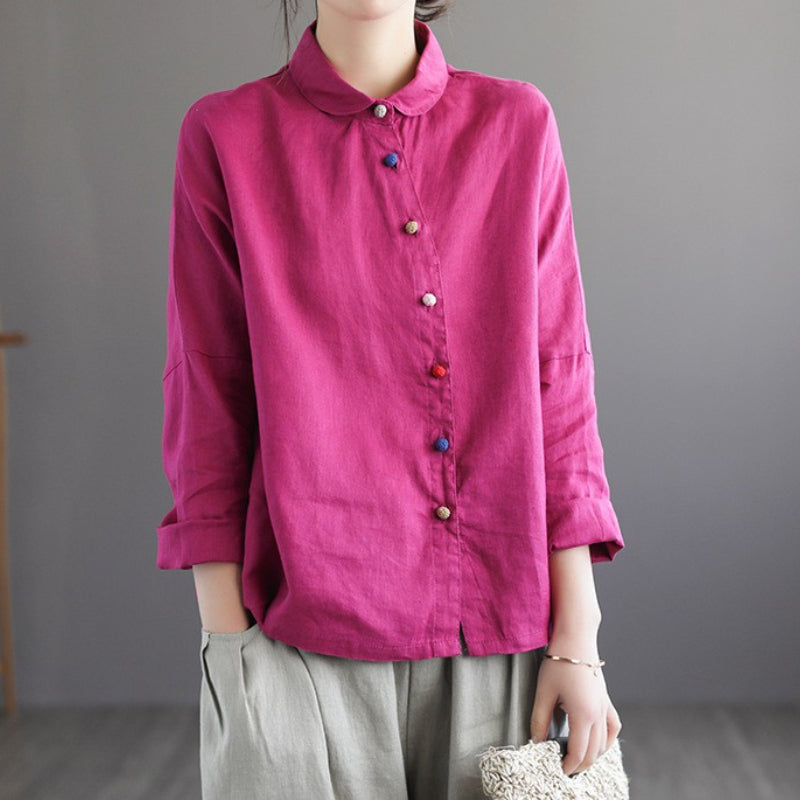 Linen Retro Casual Shirt With Slanted Front Color Button