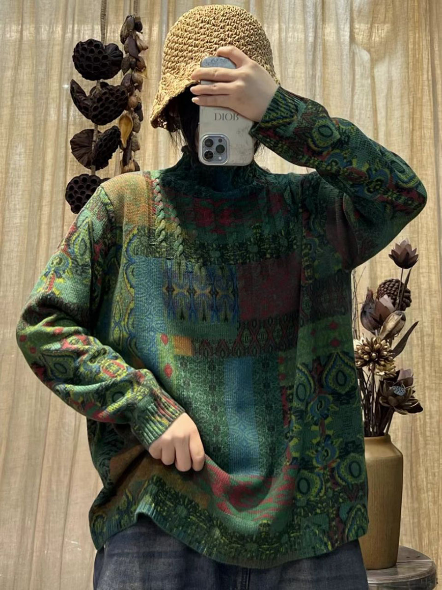 Women Vintage Print Knitted Turtleneck Loose Sweater