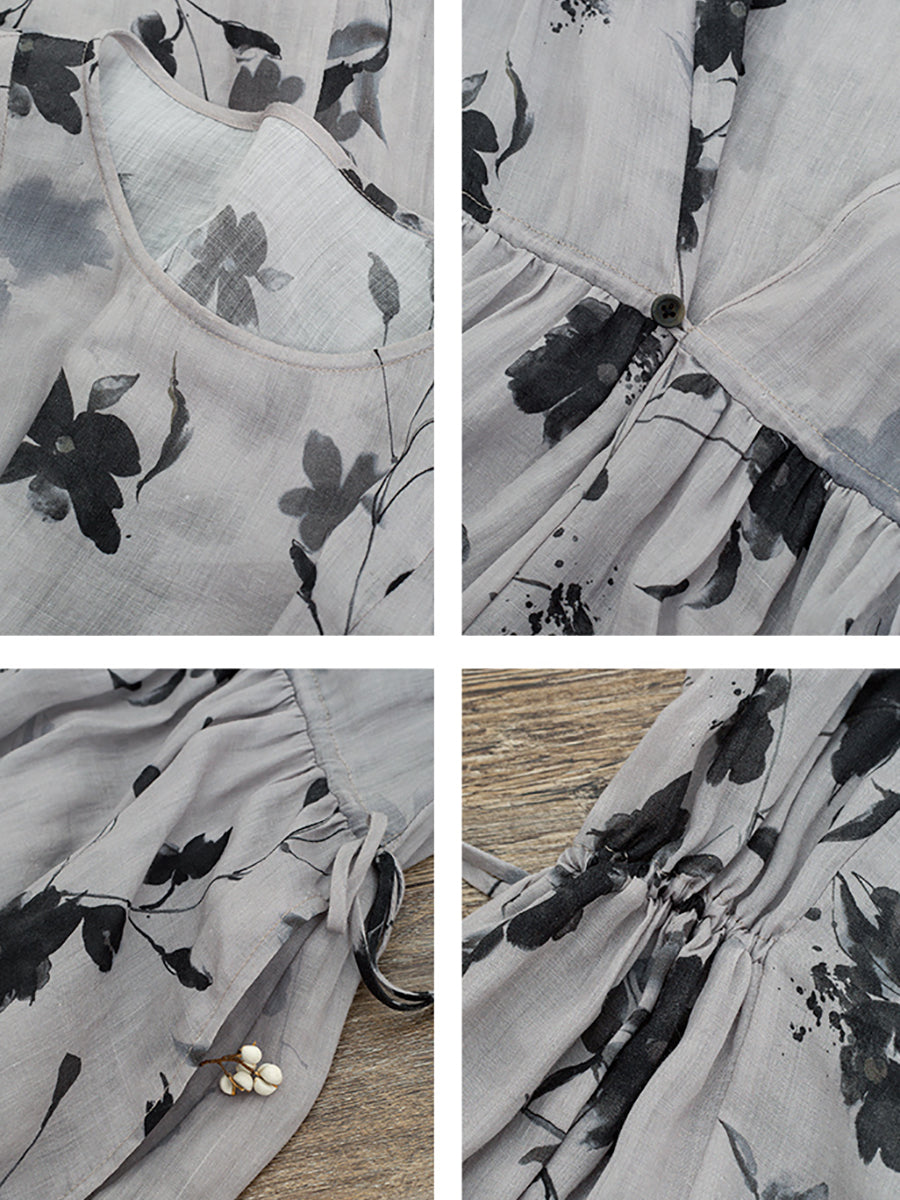 Women Vintage Leaf Print Drawstring Pleat Loose Dress