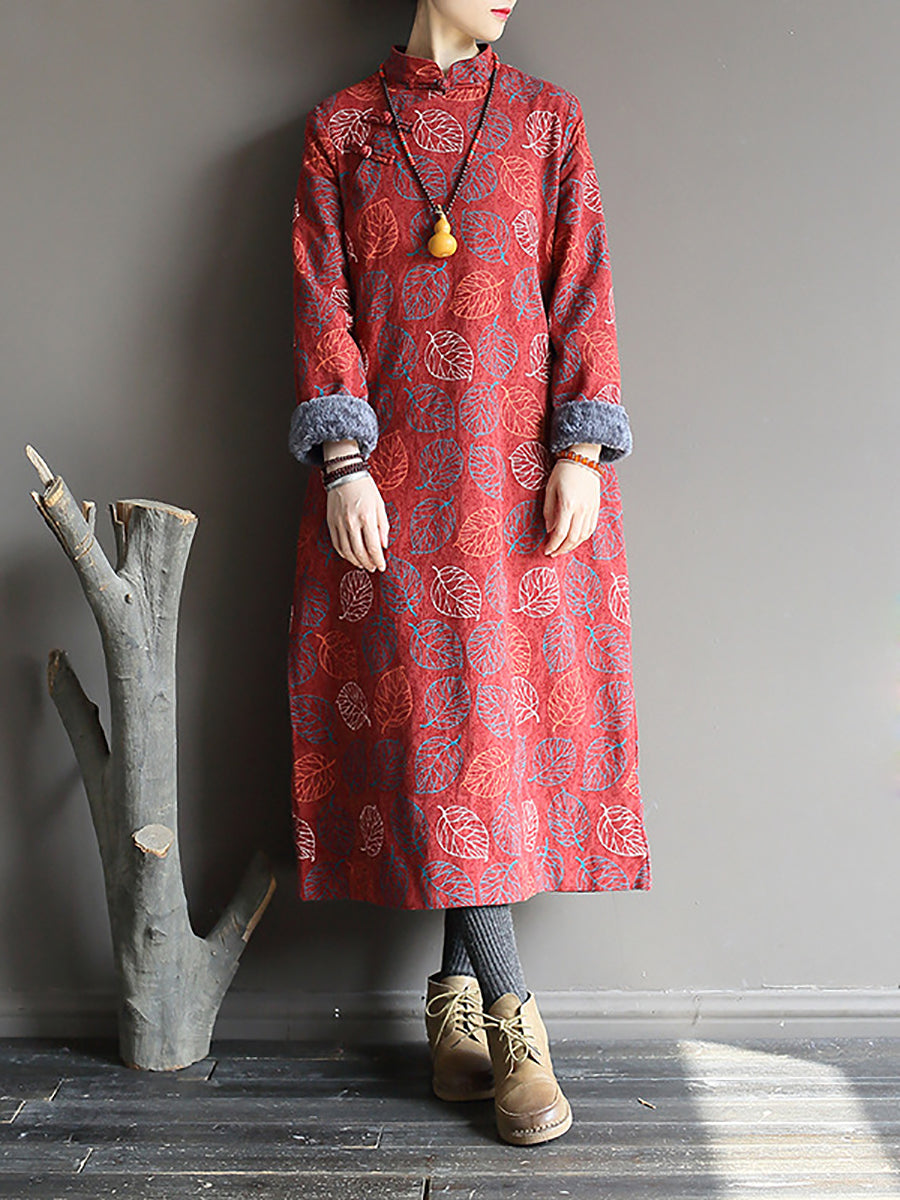 Robe d'hiver à imprimé feuilles de style chinois pour femmes