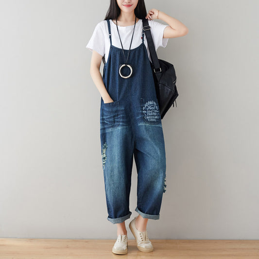 Women Casual Adjustable Strap Frayed Denim Overalls