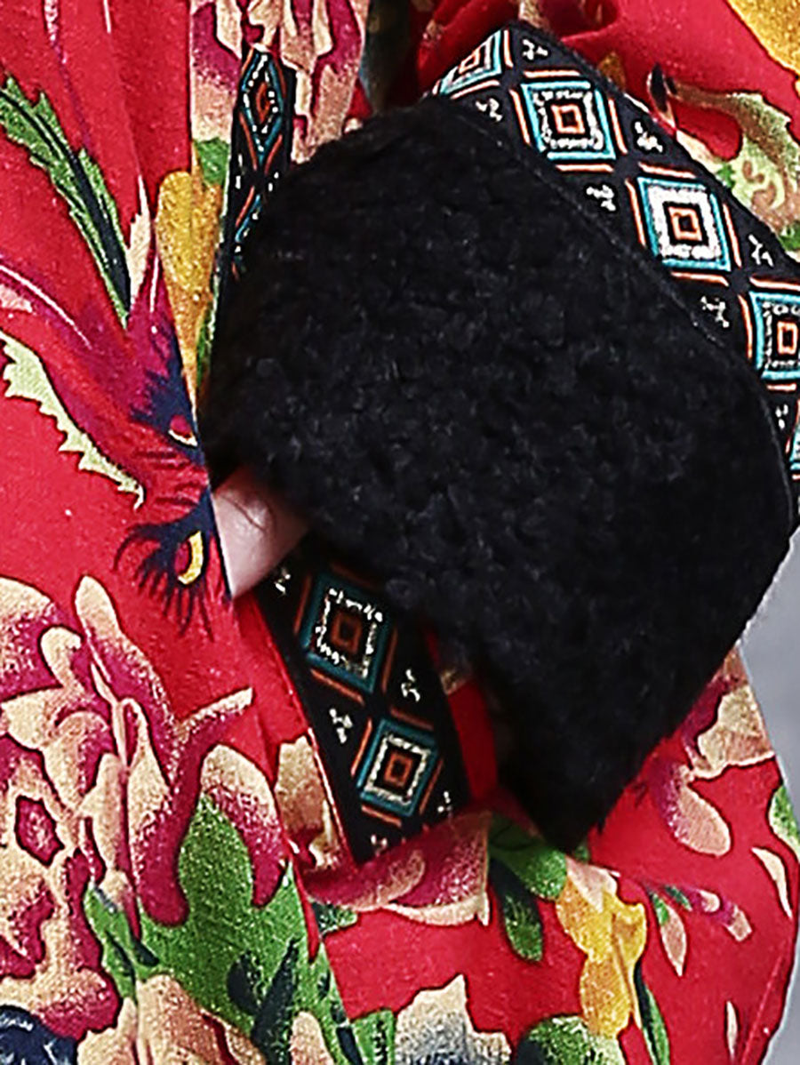 Women Winter Ethnic Flower Print Fur-Trimmed Pullover Coat