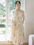 Women Ethnic Leaf Print Button Pleat Drawstring Ramie Dress