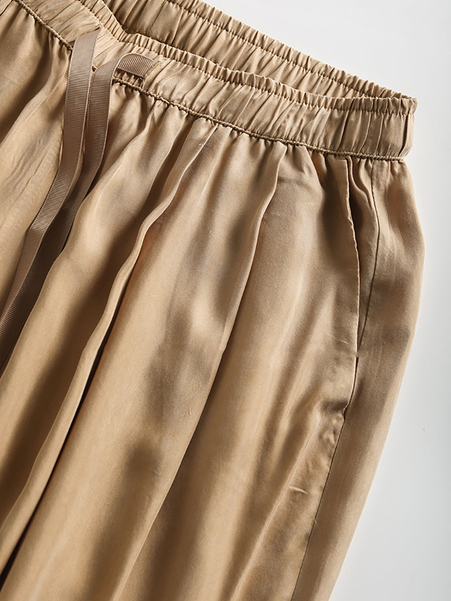 Women Solid Pleat Drawstring Pocket Loose Straight-leg Pants