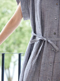 Women Summer Vintage Drawstring Pleat Yarn-dyed Linen Dress