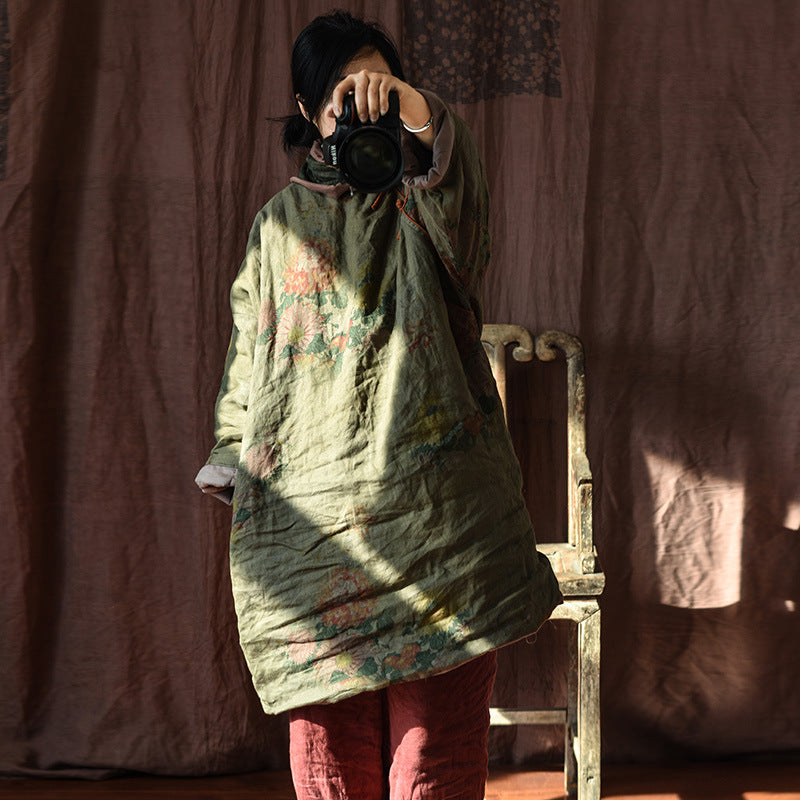 Women Ethnic Flower Linen Padded Long Coat