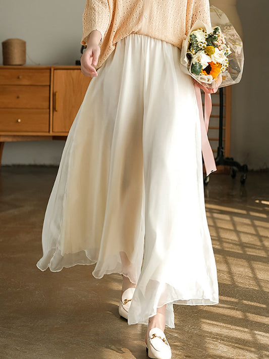 Women Summer Solid Dual-layer Wide-Leg Pants