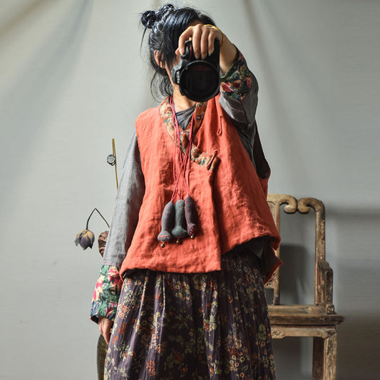 Manteau de gilet en lin épissé de fleurs ethniques pour femmes