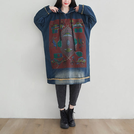 Women Casual Print Loose Hooded Sweatshirt Dress