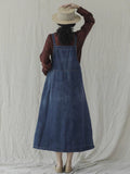 Women Spring Vintage Solid Pocket Overall Dress