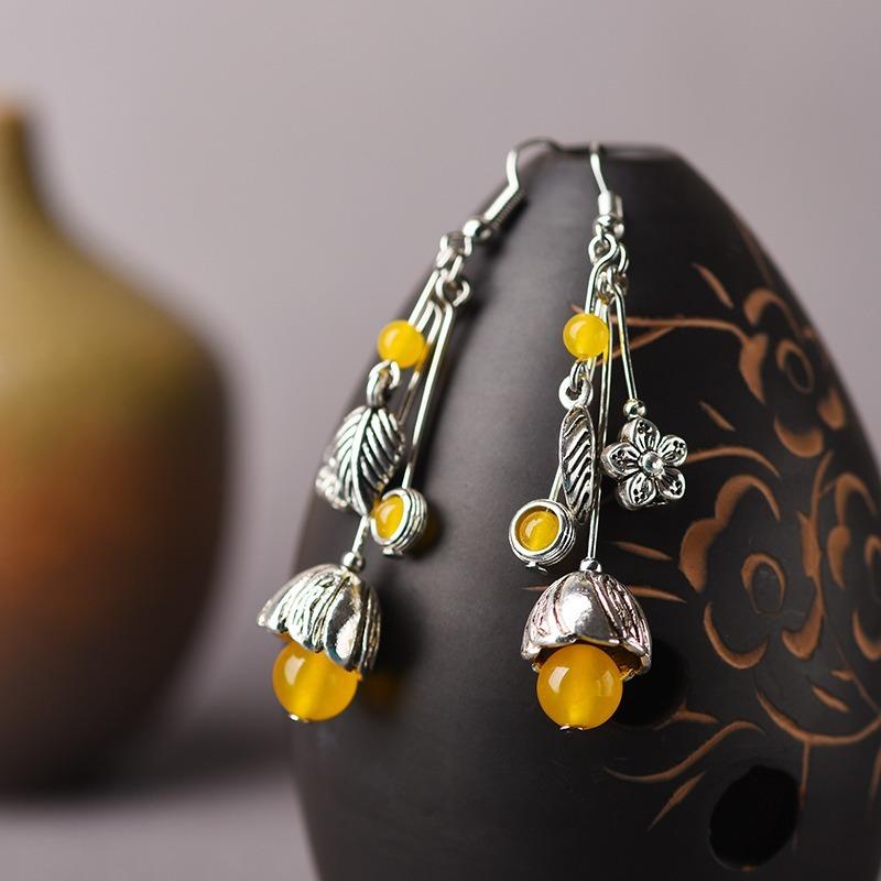 Miao Silver Yellow Agate Tassel Earrings