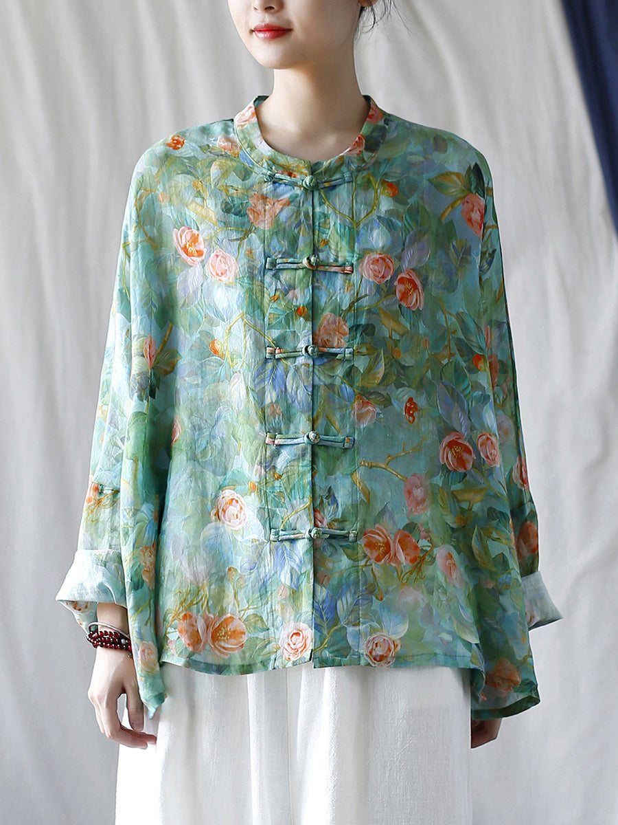 Women Vintage Flower Print Ramie Spring Shirt