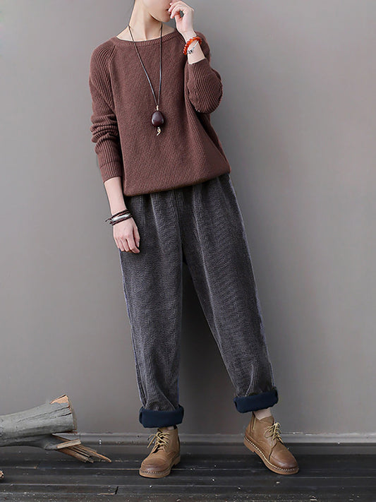 Women Vintage Corduroy Wool Liner Solid Pocket Pants