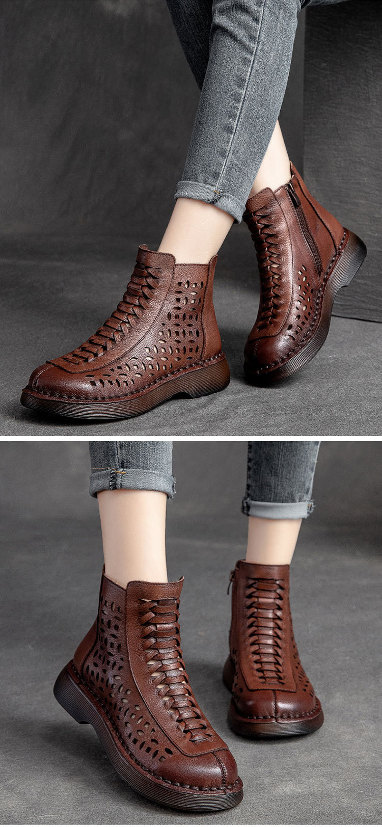 Retro Solid Color Hollow Side Zipper Casual All-Match Boots