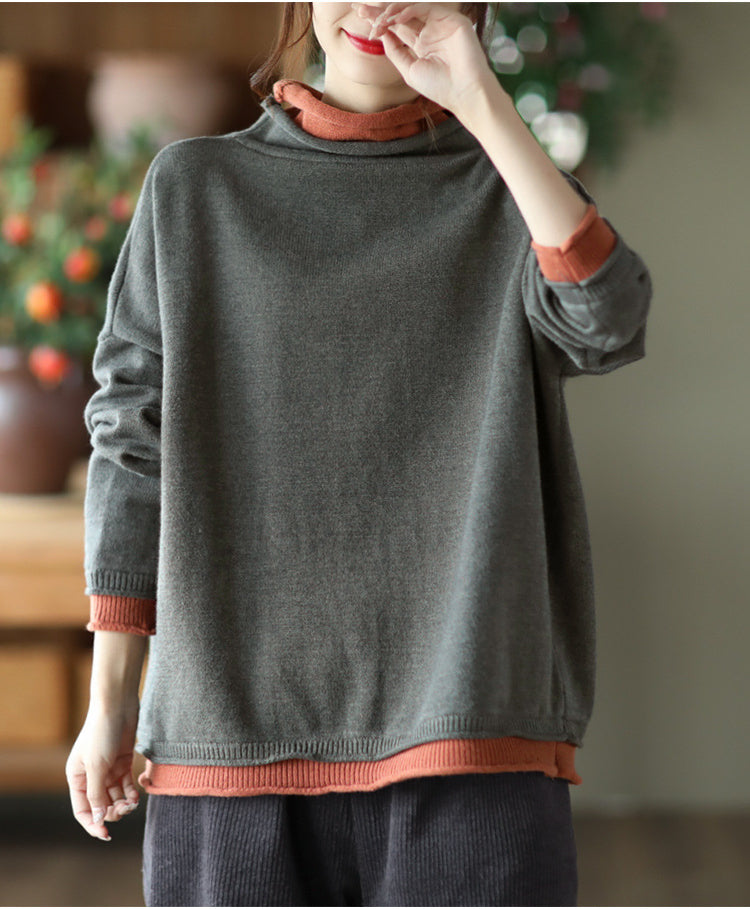 Pull ample tricoté rétro couleur contrastée faux pull deux pièces