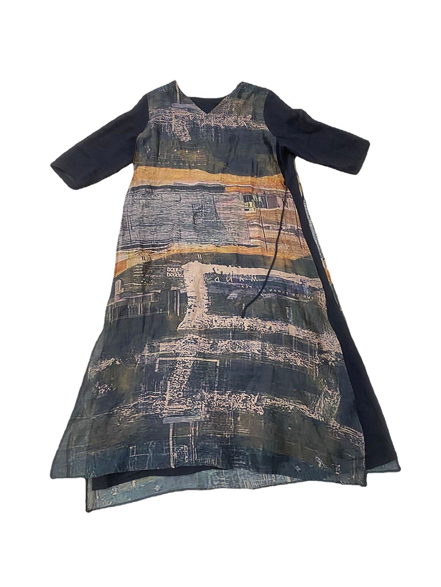 Women Summer Artsy Print Dual-Layer Ramie Dress