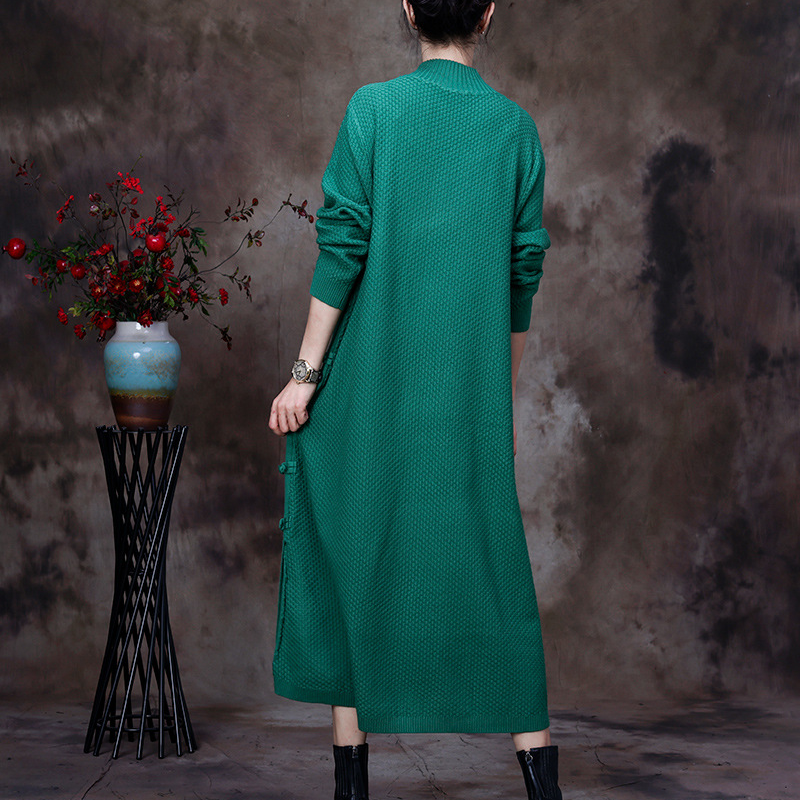 Nouvelle robe tricotée rétro disque bouton jupe de fond jupe longue irrégulière