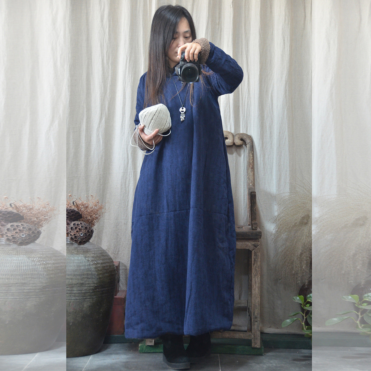 National Style Solid Color Women Winter Padded Robe