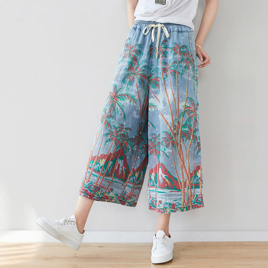 Women Summer Artsy Print Pocket Wide-leg Denim Pants