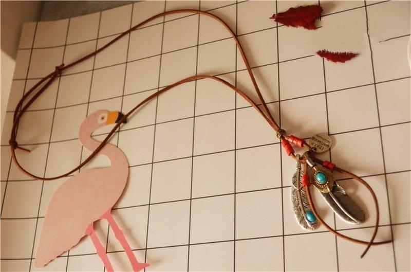 Feather Leaf Tassel Wood Bead Long Necklace