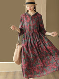 Women Summer Vintage Floral Pleat Linen Hooded Dress
