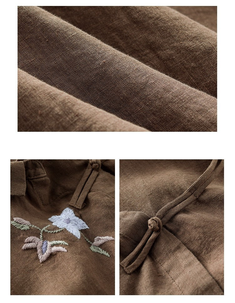 Vintage Embroidered Slanted Bracing Cropped Sleeve Linen Top