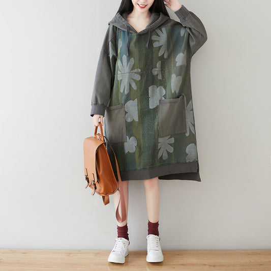 Women Autumn Artsy Flower Pocket Hooded Shirt