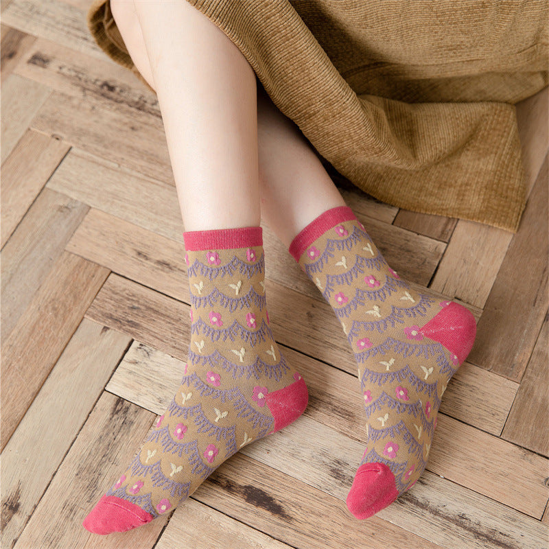 6 Pairs Women Japan Style Floral Jacquard Socks