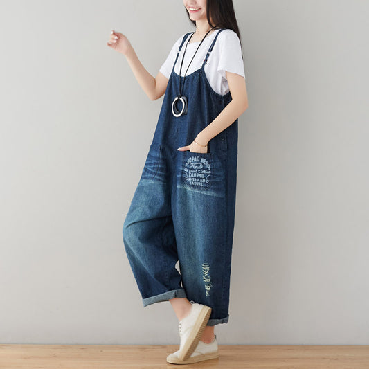 Women Casual Adjustable Strap Frayed Denim Overalls