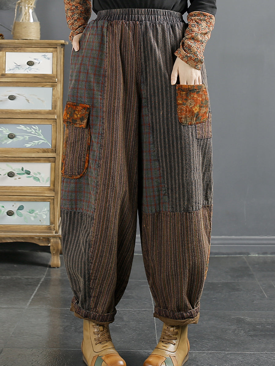 Pantalon sarouel épissé avec patch rétro pour femme, hiver