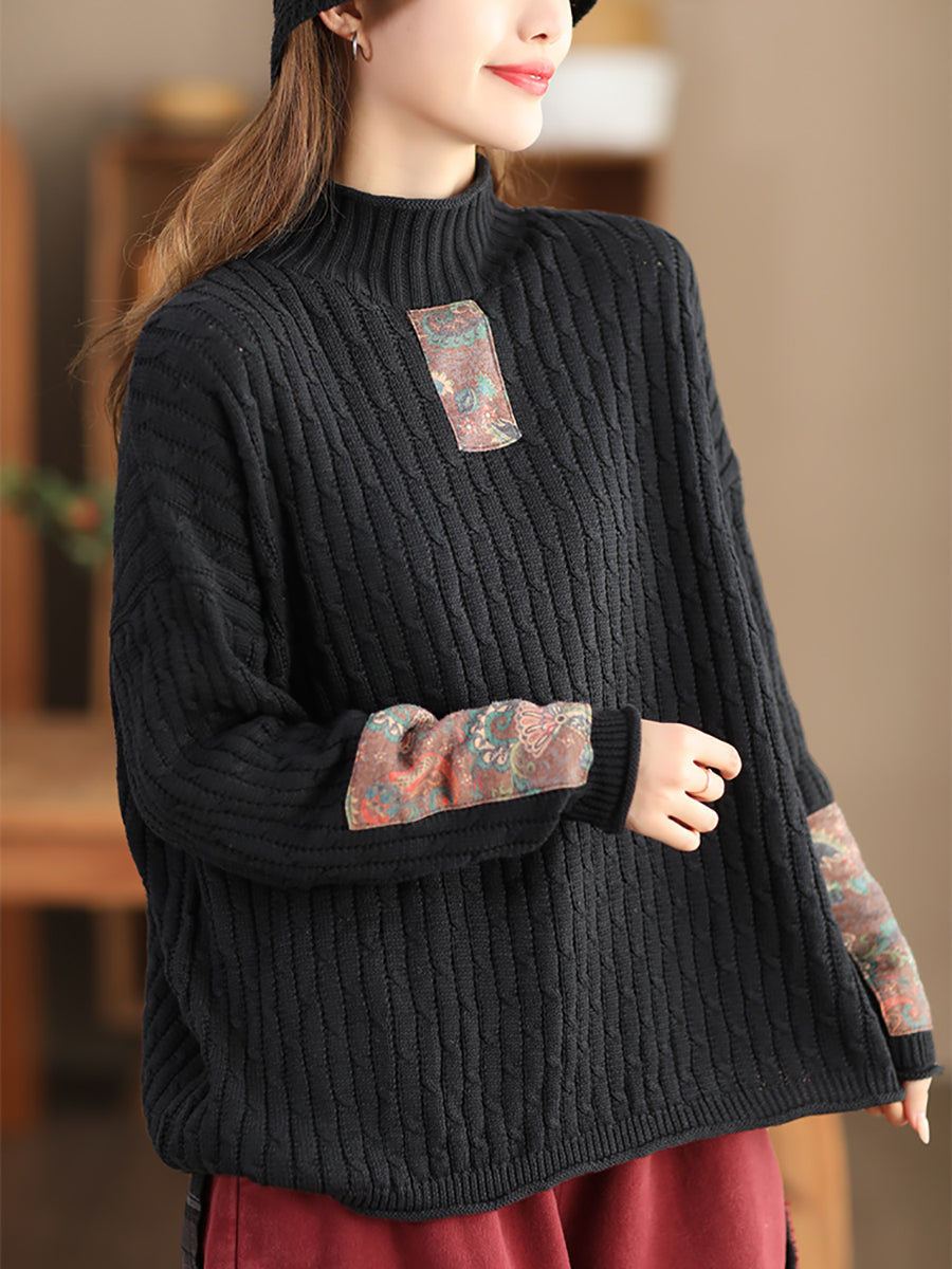 Women Retro Patch Spliced Knitted Turtleneck Sweater