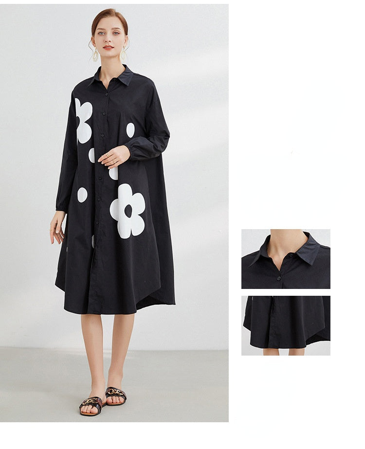 New Shirt Dress Loose Simple Print Lapel Midi Dress