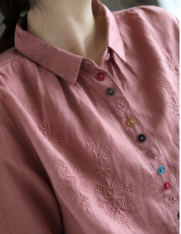 Vintage Embroidered Colorful Buttons Pure Linen Shirt