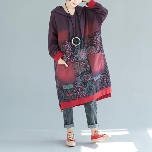 Printed Mid-Length Hooded Casual Dress