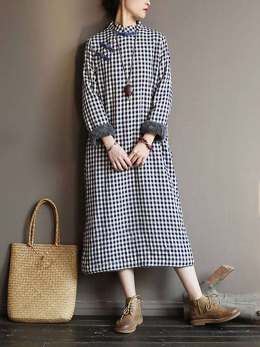 Chinese Style Women Winter Frog Thick Plaid Robe Dress