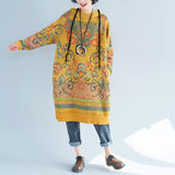 Vintage Print Mid-Length Hooded Plus Size Dress