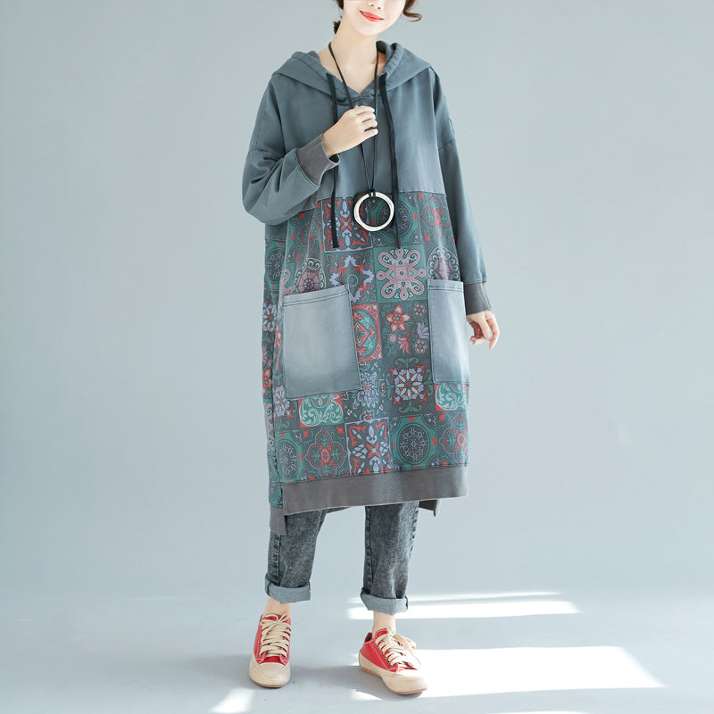 Printed Mid-Length Hooded Casual Dress