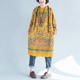 Vintage Print Mid-Length Hooded Plus Size Dress