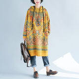 Vintage Print Mid-Length Hooded Plus Size Dress