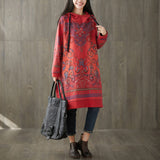 Vintage Print Mid-Length Hooded Plus Size Dress