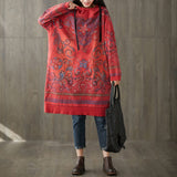 Vintage Print Mid-Length Hooded Plus Size Dress