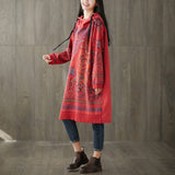 Vintage Print Mid-Length Hooded Plus Size Dress