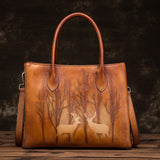 Vintage Leather Deer Print Tote Crossbody Bag