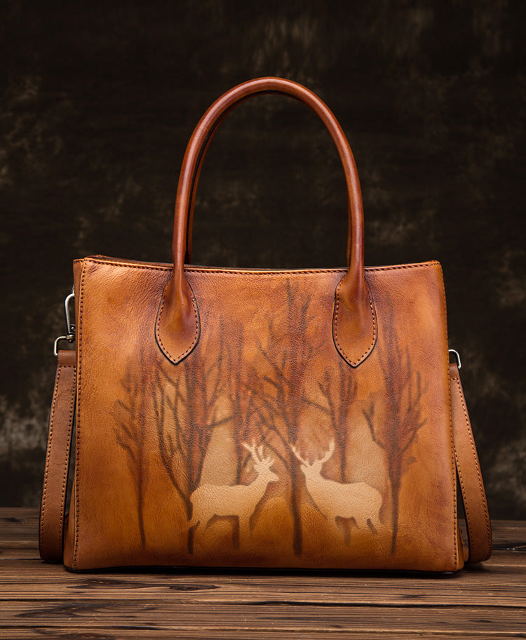 Vintage Leather Deer Print Tote Crossbody Bag