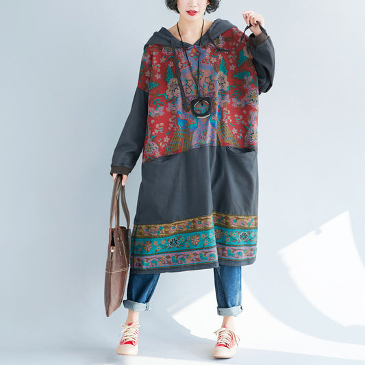 Robe à capuche longue avec poches et fleurs ethniques pour femmes