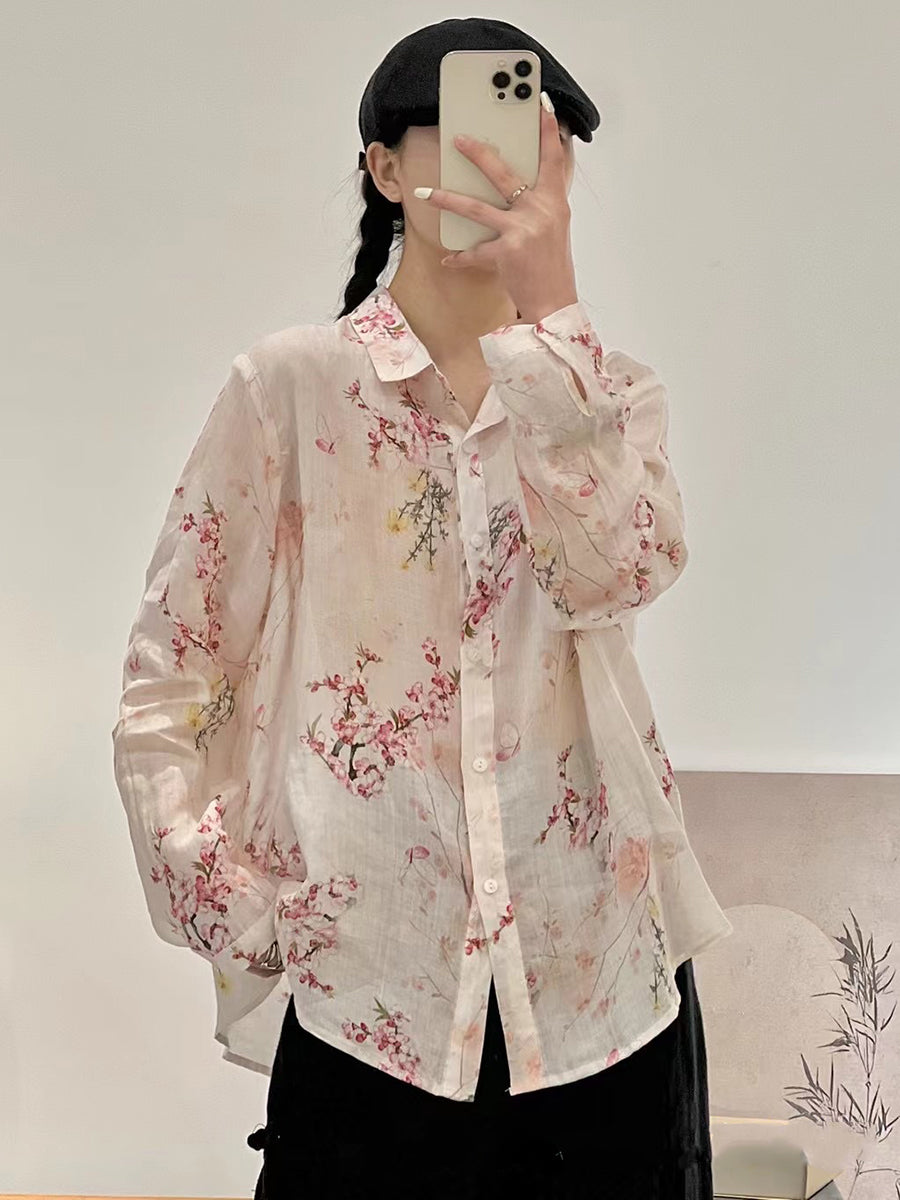 Women Spring Artsy Floral Print Ramie Shirt